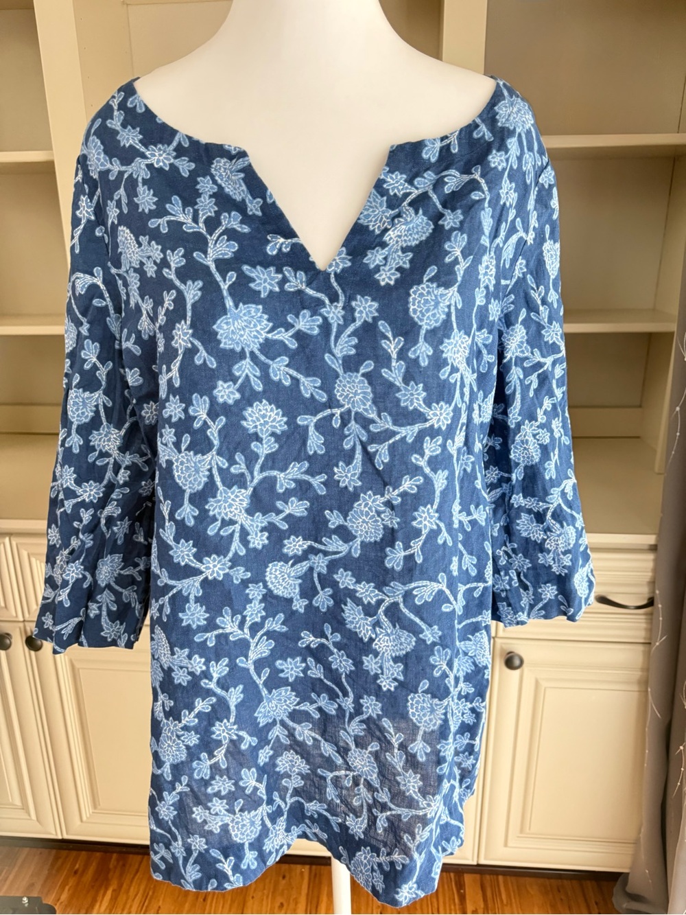 J Jill Tunic Blue Floral Print Linen Top 3/4 Sleeve Sz M